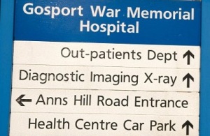 Departmental sign at Gosport War Memorial Hospital, Gosport, Hampshire UK. Image shot 2009. Exact date unknown.