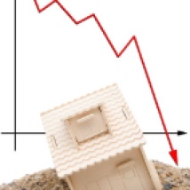 house sinking with a downward arrow on background, vertical